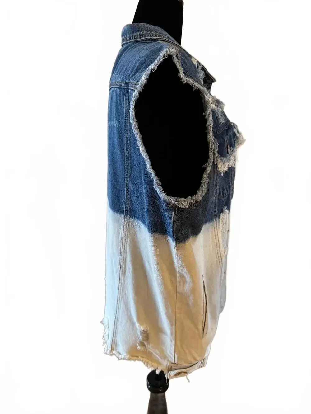 POL Women's Two-Tone Distressed Denim Vest with Back Text Large NWOT